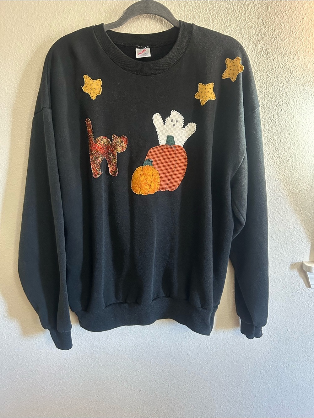 Vintage Jerzees Halloween Patchwork Ghost Pumpkin Crewneck Sweatshirt Womens XL